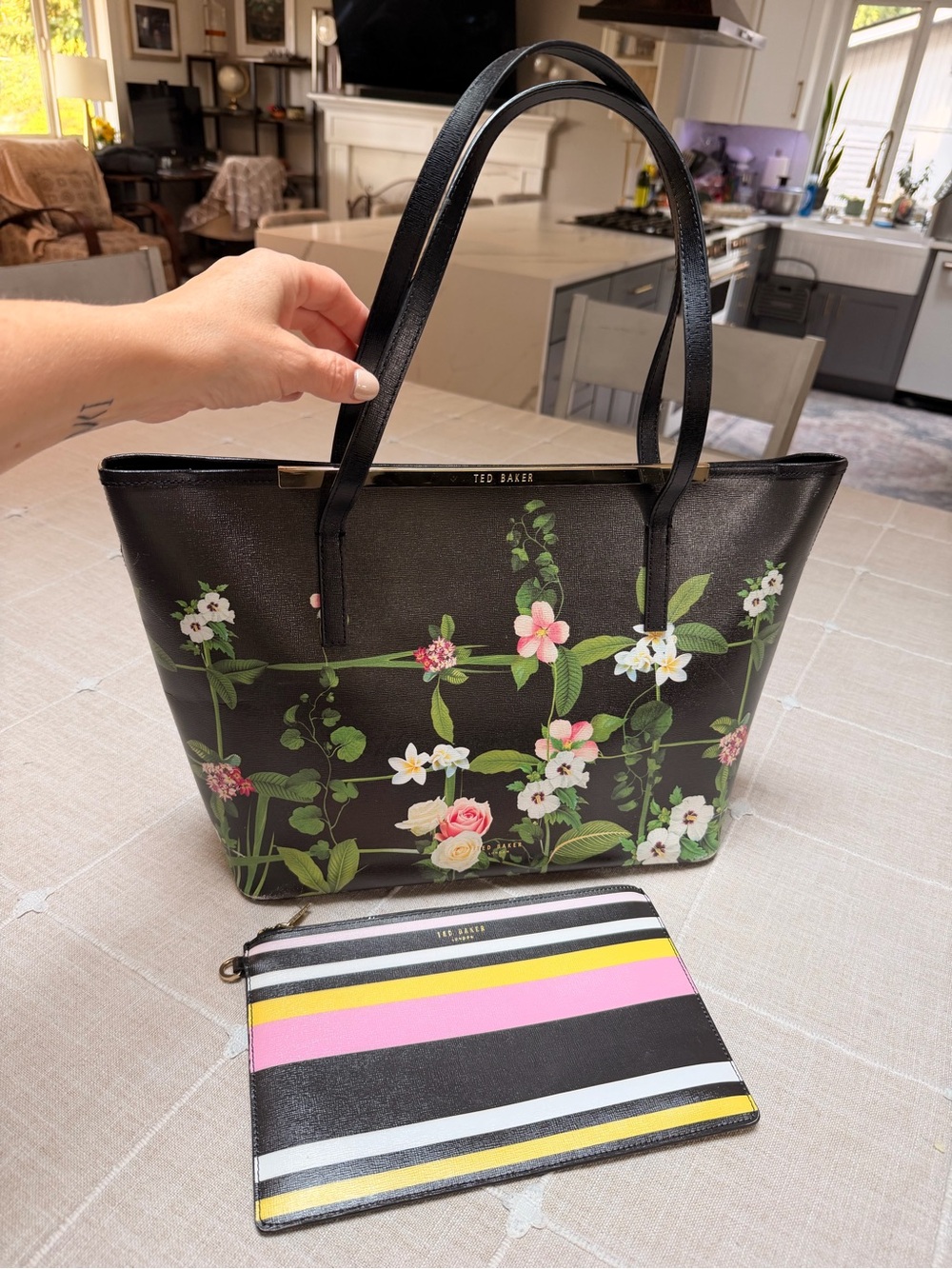 Ted Baker Black Floral Tote with Striped Pouch